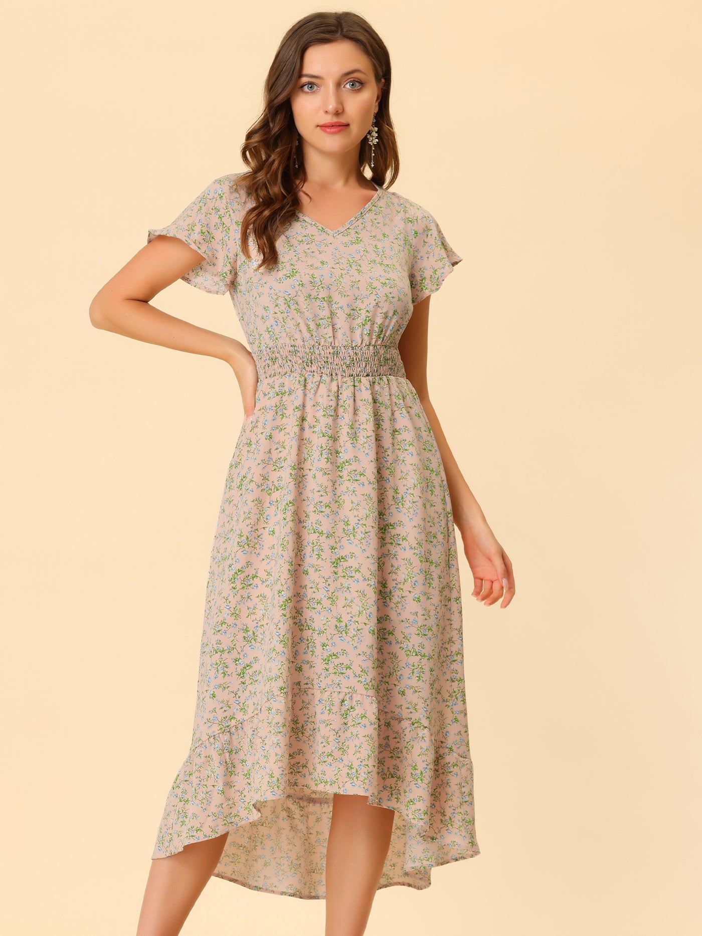 Allegra K Smocked Floral High Low Summer Maxi Dress