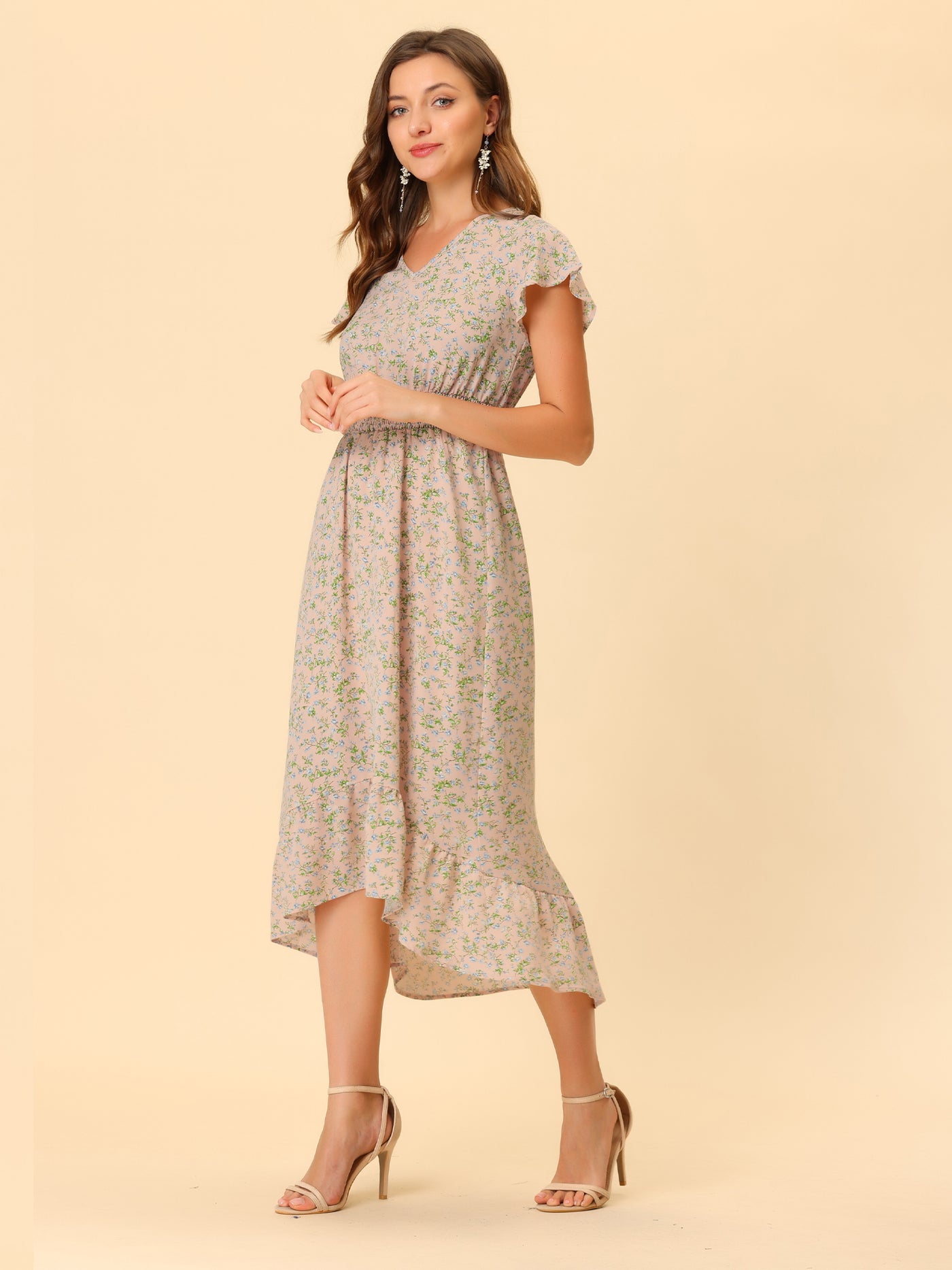 Allegra K Smocked Floral High Low Summer Maxi Dress