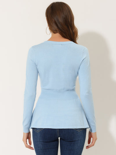 V Neck Long Sleeve Ribbed Pullover Knitted Peplum Top