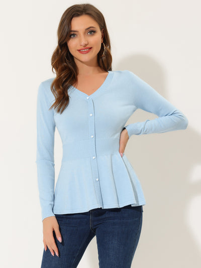 Allegra K V Neck Long Sleeve Ribbed Pullover Knitted Peplum Top