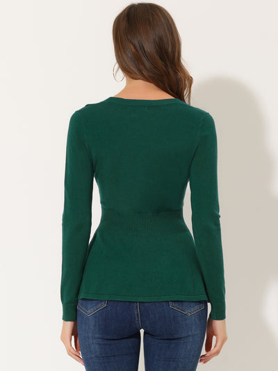 V Neck Long Sleeve Ribbed Pullover Knitted Peplum Top