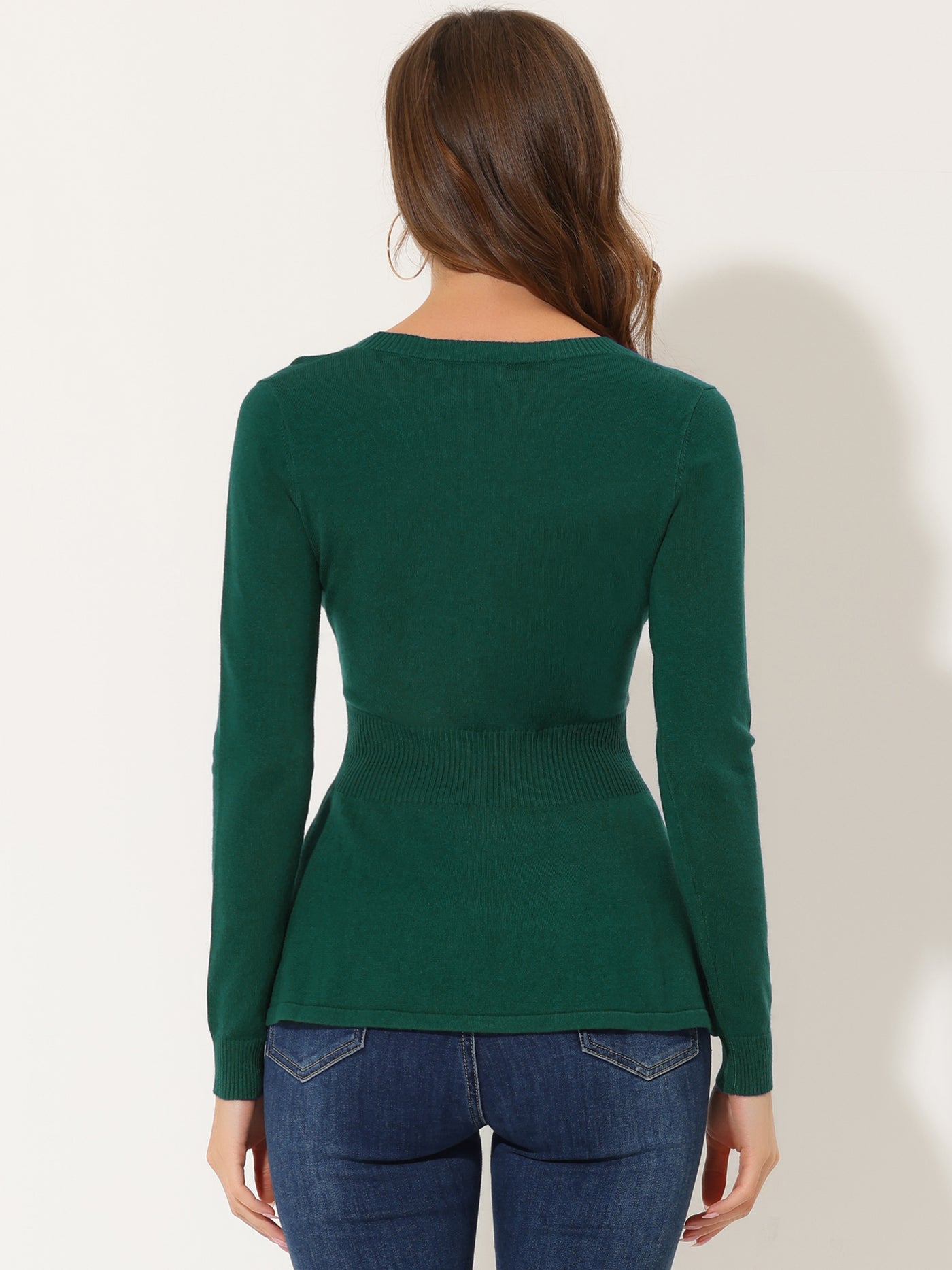 Allegra K V Neck Long Sleeve Ribbed Pullover Knitted Peplum Top