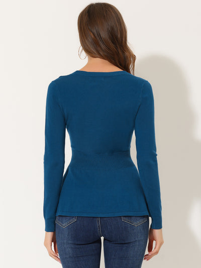 V Neck Long Sleeve Ribbed Pullover Knitted Peplum Top