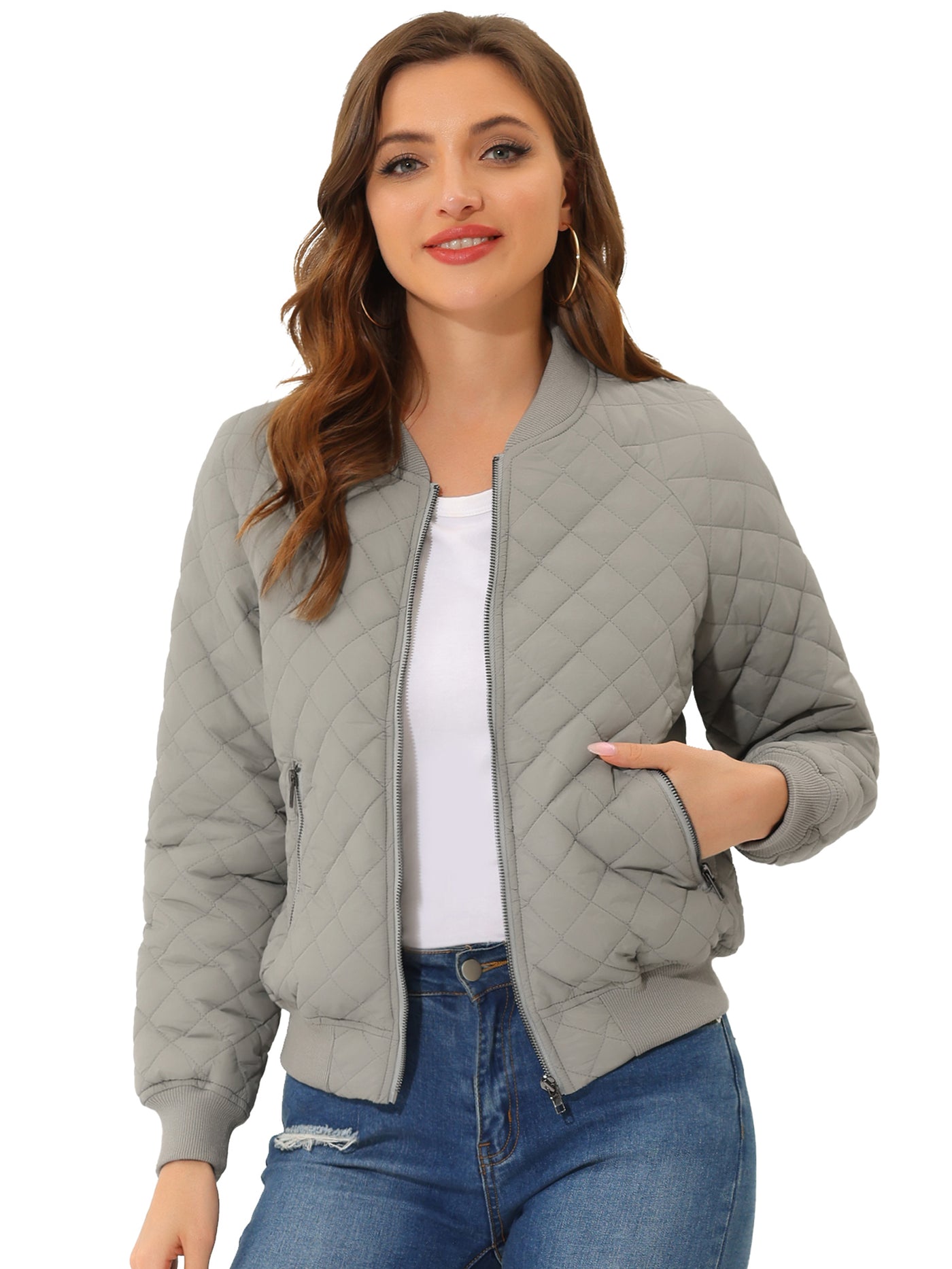 Allegra K Casual Zip Up Raglan Long Sleeve Quilted Bomber Jacket