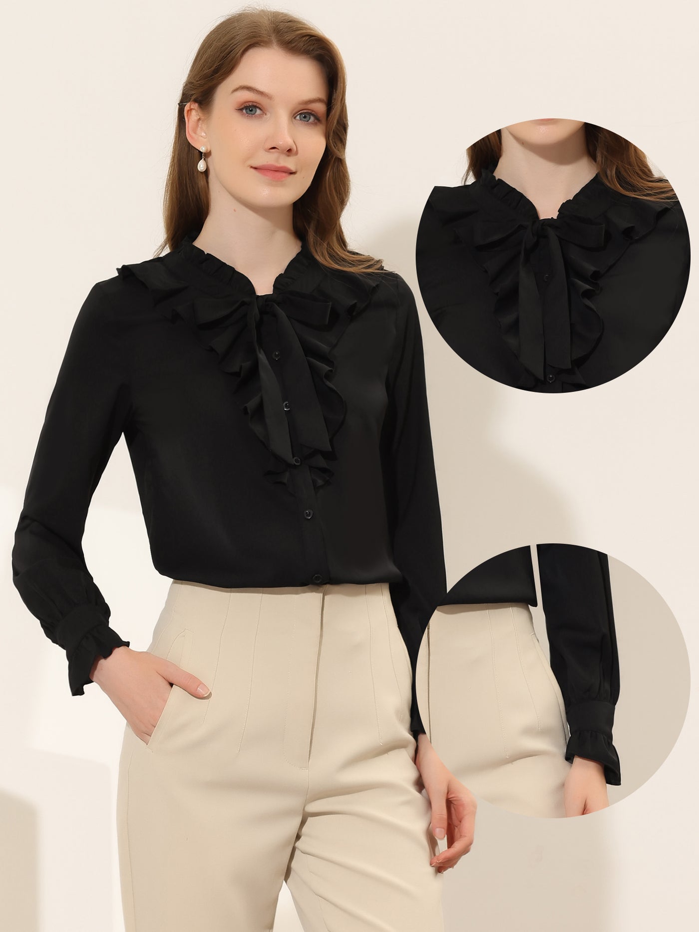 Allegra K Vintage Bow Tie Ruffle Neck Ruffled Cuff Business Office Top Shirt