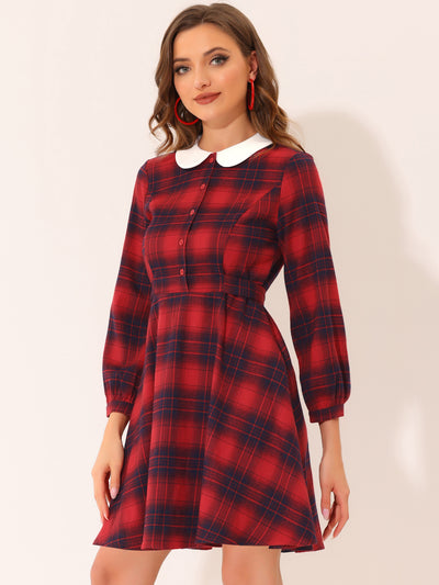 Allegra K Peter Pan Collar Long Sleeve Button Contrast Plaid A-line Dress