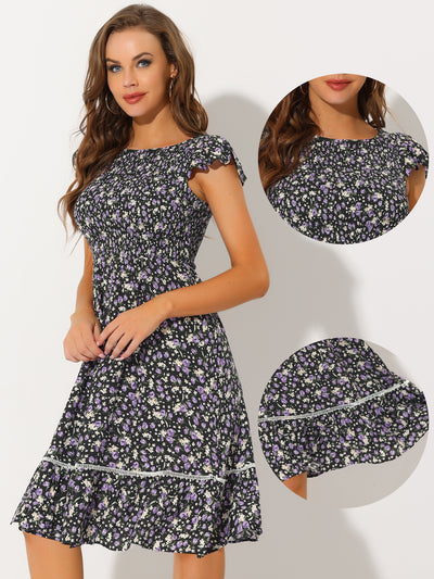 Midi Smocked Cap Short Sleeve Floral Fit and Flare Dress