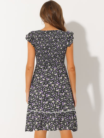 Midi Smocked Cap Short Sleeve Floral Fit and Flare Dress