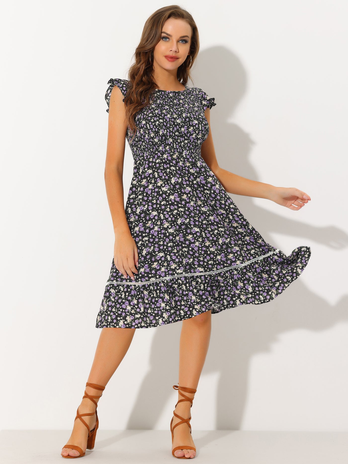 Allegra K Midi Smocked Cap Short Sleeve Floral Fit and Flare Dress