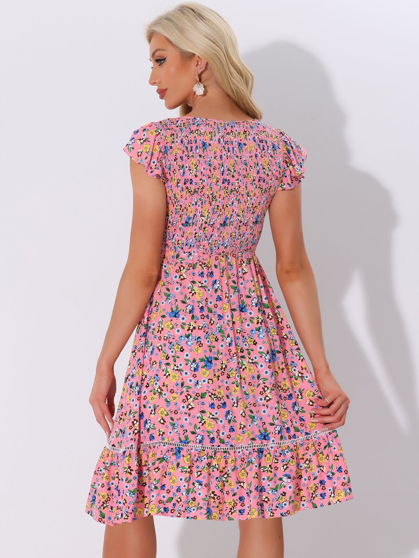 Allegra K Midi Smocked Cap Short Sleeve Floral Fit and Flare Dress