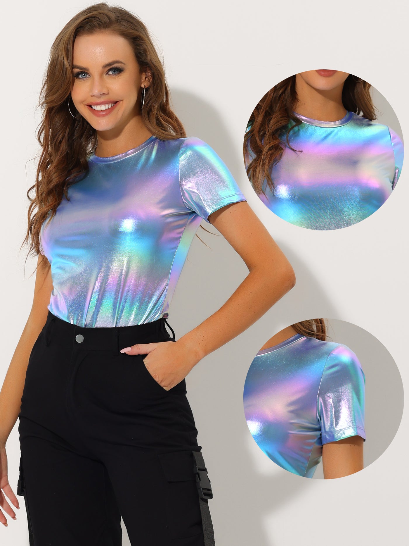 Allegra K Party Metallic Textured Short Sleeve Shiny Multicolor Top