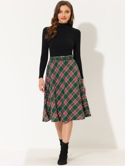 Christmas Tartan Plaid High Waist Belted Vintage A-Line Midi Skirt