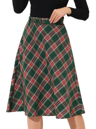 Christmas Tartan Plaid High Waist Belted Vintage A-Line Midi Skirt