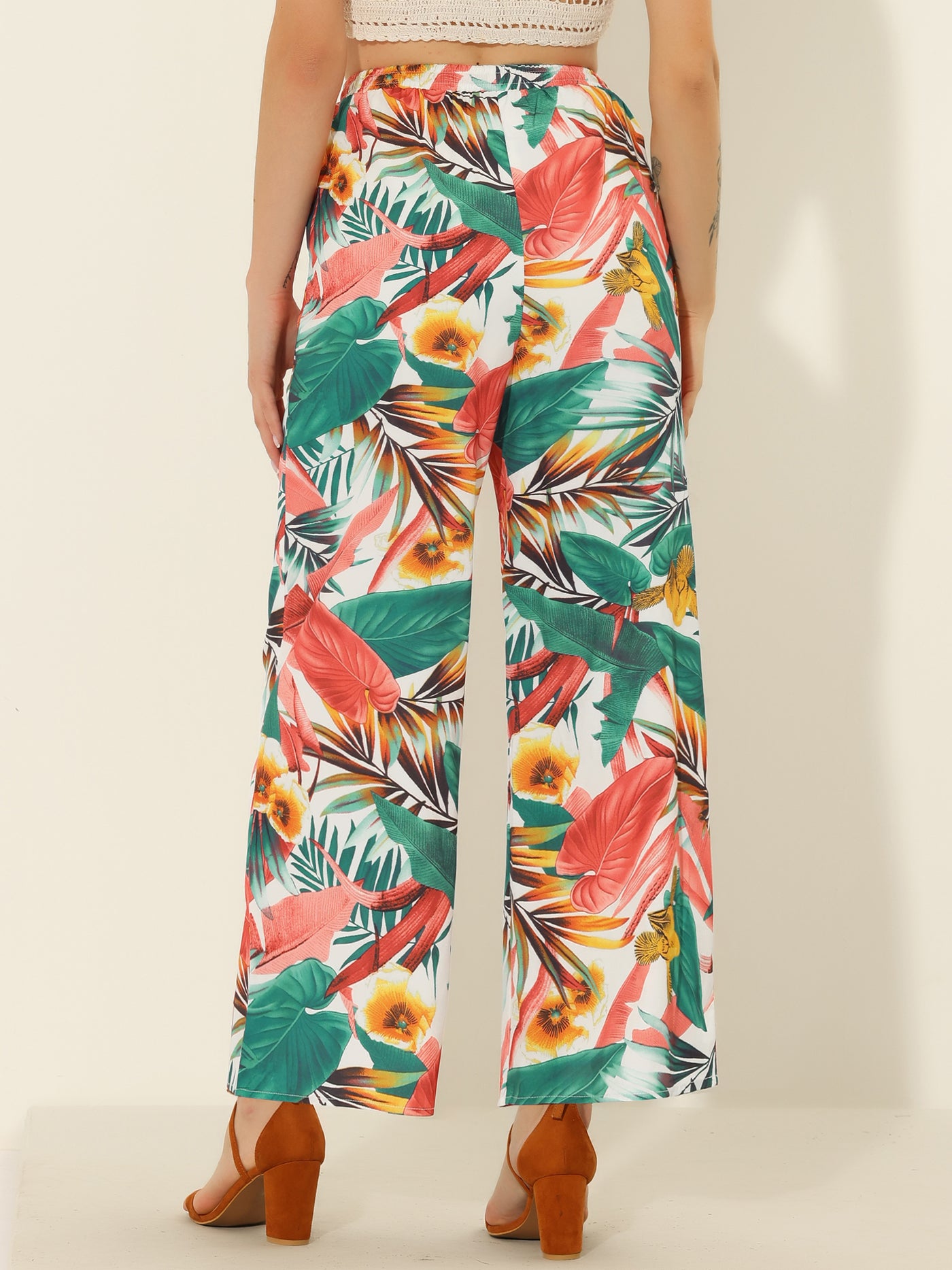 Allegra K Floral Palazzo Elastic Waist Casual Wide Leg Tropical Beach Pants