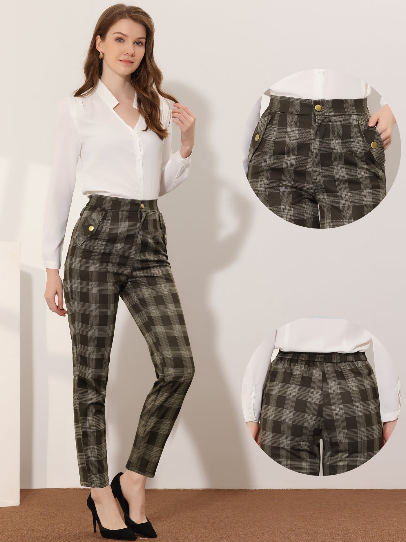 Allegra K Vintage Tartan Plaid Pants Elastic Waist Straight Long Trousers