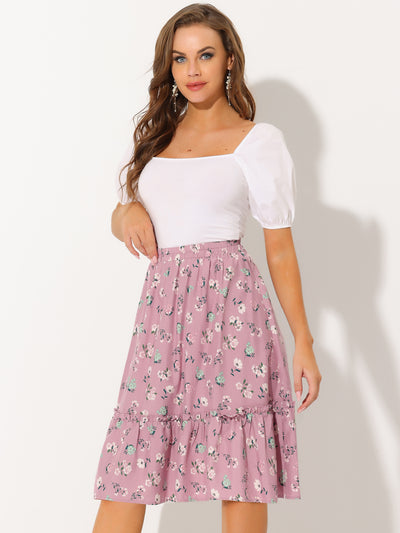 Ruffle Hem Elastic Waist Flowy A-Line Swing Floral Midi Skirt