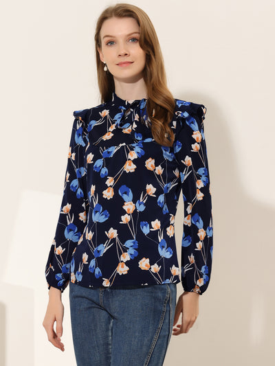 Bow Tie Neck Long Sleeve Floral Ruffled Blouse