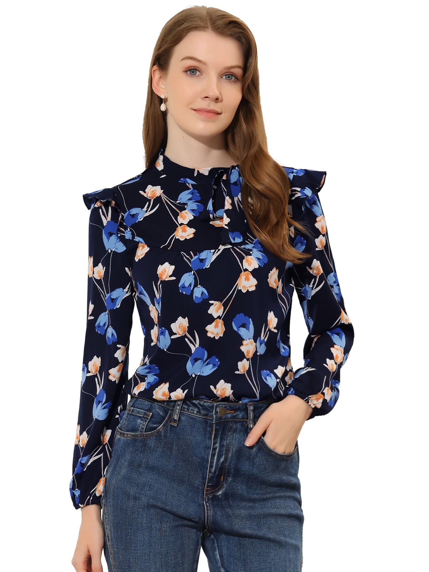 Allegra K Bow Tie Neck Long Sleeve Floral Ruffled Blouse