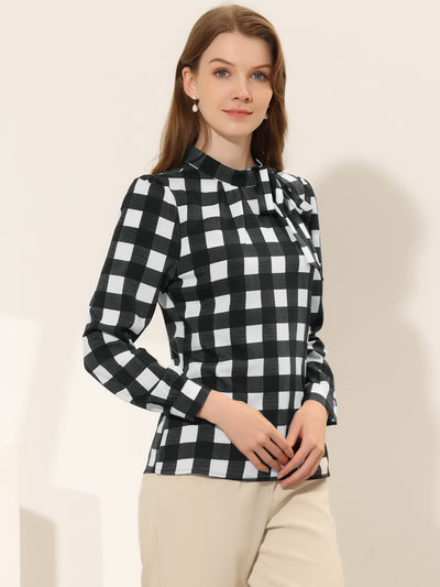 Bow Tie Neck Grid Checks Shirt Office Work Tops Blouse