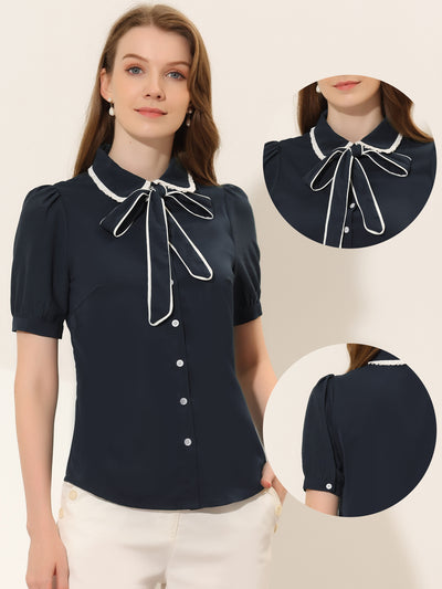 Peter Pan Collar Blouse Bow Tie Neck Work Office Button Down Shirt