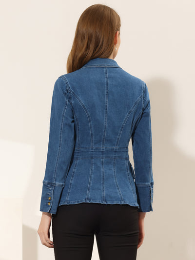 Notched Lapel Long Sleeve Pockets Denim Blazer Jean Jacket