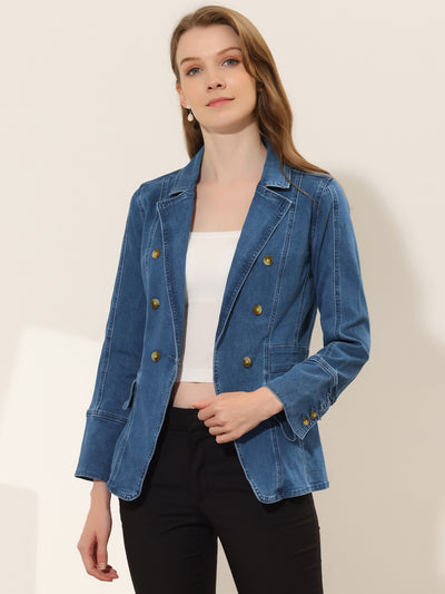 Notched Lapel Long Sleeve Pockets Denim Blazer Jean Jacket