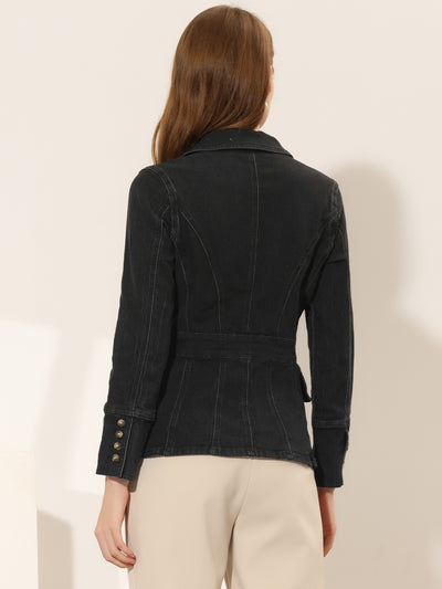 Notched Lapel Long Sleeve Pockets Denim Blazer Jean Jacket