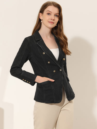 Notched Lapel Long Sleeve Pockets Denim Blazer Jean Jacket