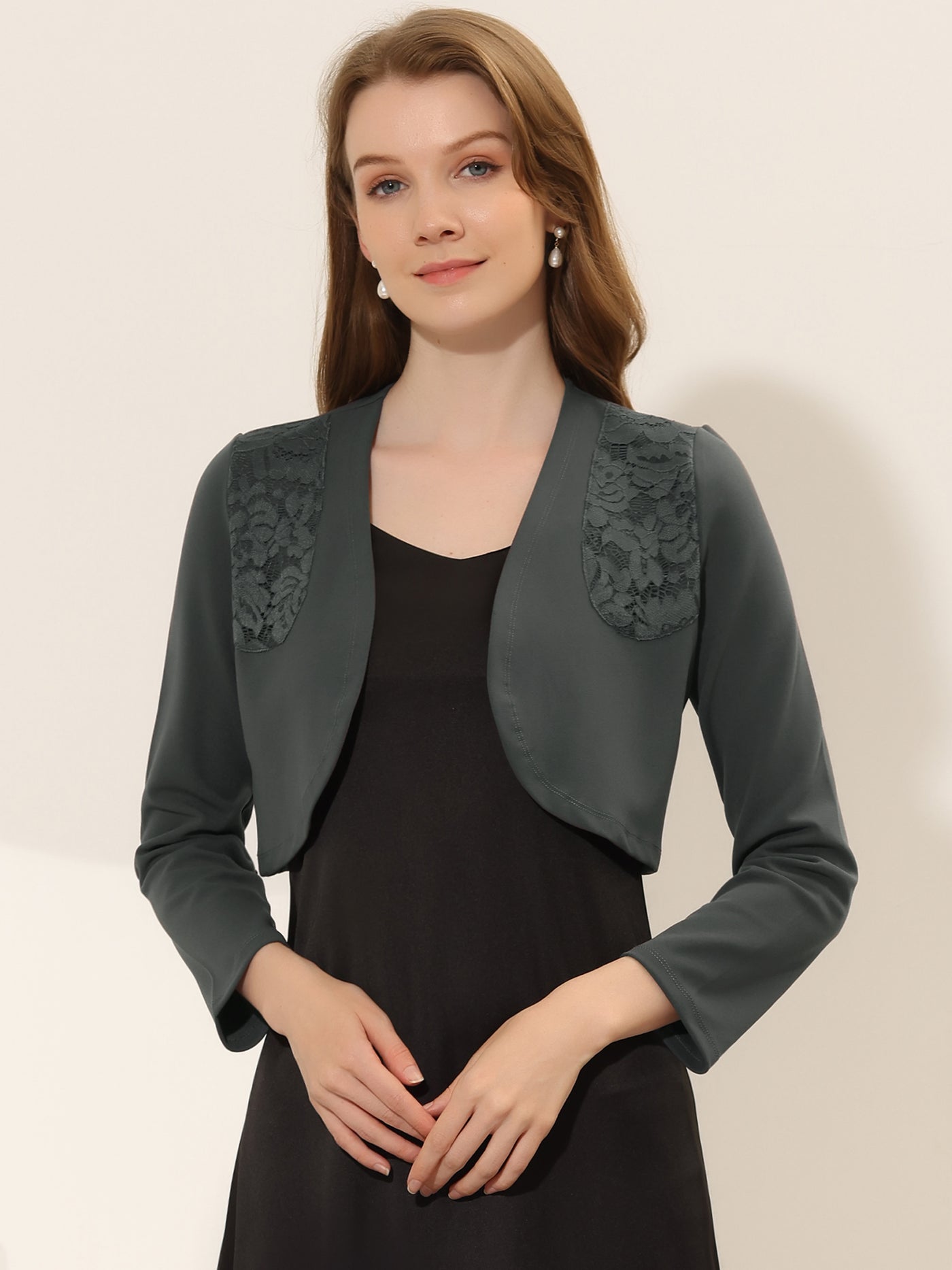 Allegra K Lace Insert Office Open Front Crop Cardigan Bolero Shrugs