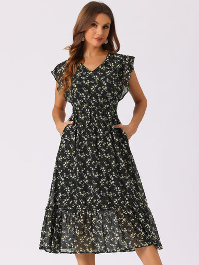 Allegra K Floral Flutter Sleeve Pockets Ruffled Chiffon Midi Dress