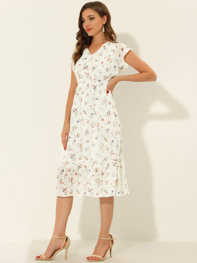 Floral Flutter Sleeve Pockets Ruffled Chiffon Midi Dress