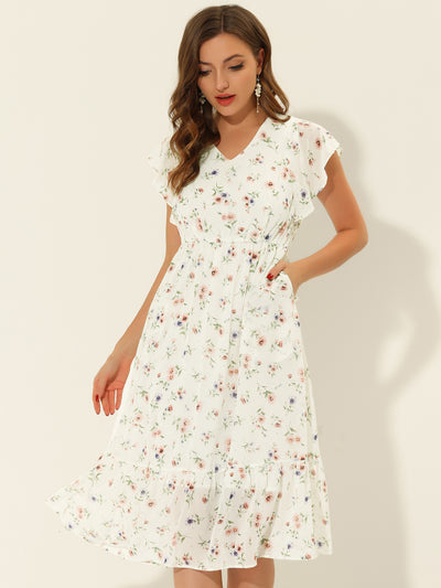 Floral Flutter Sleeve Pockets Ruffled Chiffon Midi Dress