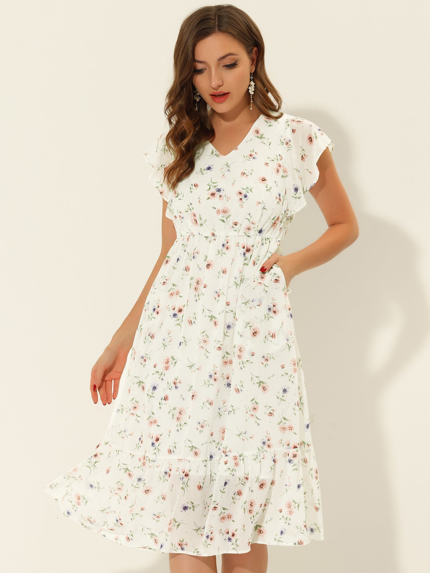 Allegra K Floral Flutter Sleeve Pockets Ruffled Chiffon Midi Dress