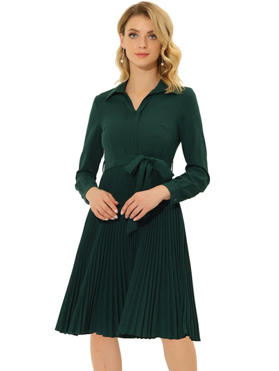 A-Line V Neck Turn Down Collar Belted Pleated Dress