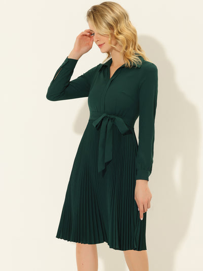 A-Line V Neck Turn Down Collar Belted Pleated Dress