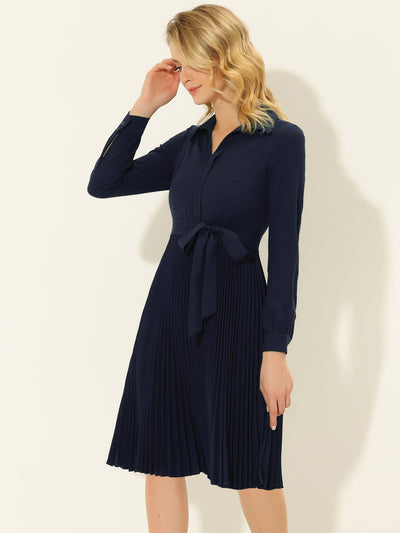 A-Line V Neck Turn Down Collar Belted Pleated Dress