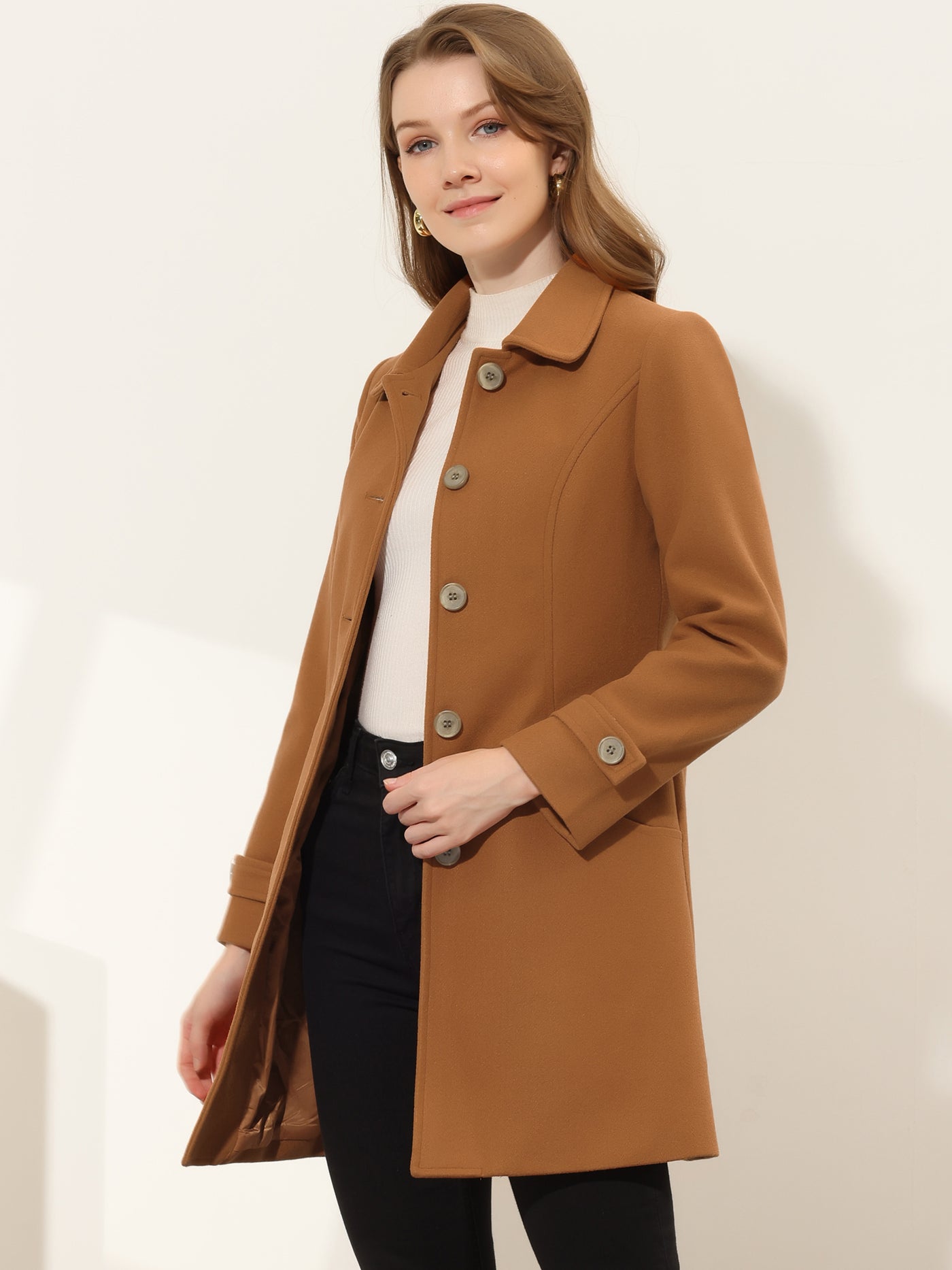 Allegra K Winter Peter Pan Collar Mid-thigh A-line Single Breasted Pea Coat