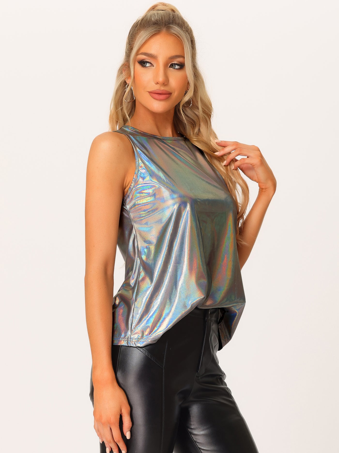 Allegra K Shiny Sleeveless Camisole Club Shimmer Metallic Tank Top