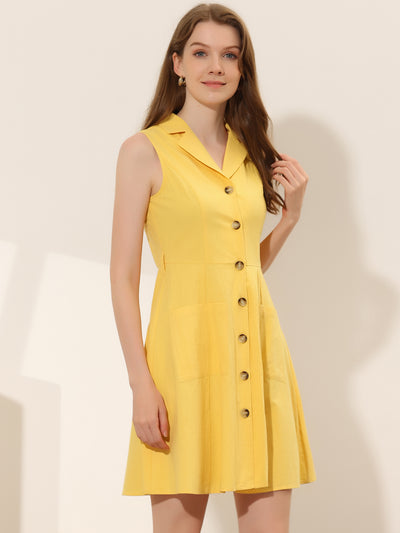 Button Down Notched Lapel Belted Sleeveless Shirt Dress