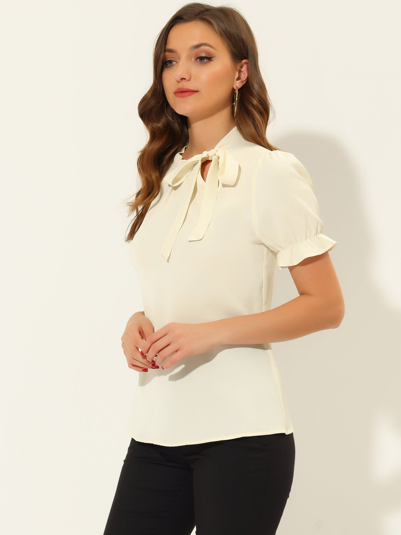 Allegra K Bow Tie Neck Tops Elegant Office Short Sleeve Blouse