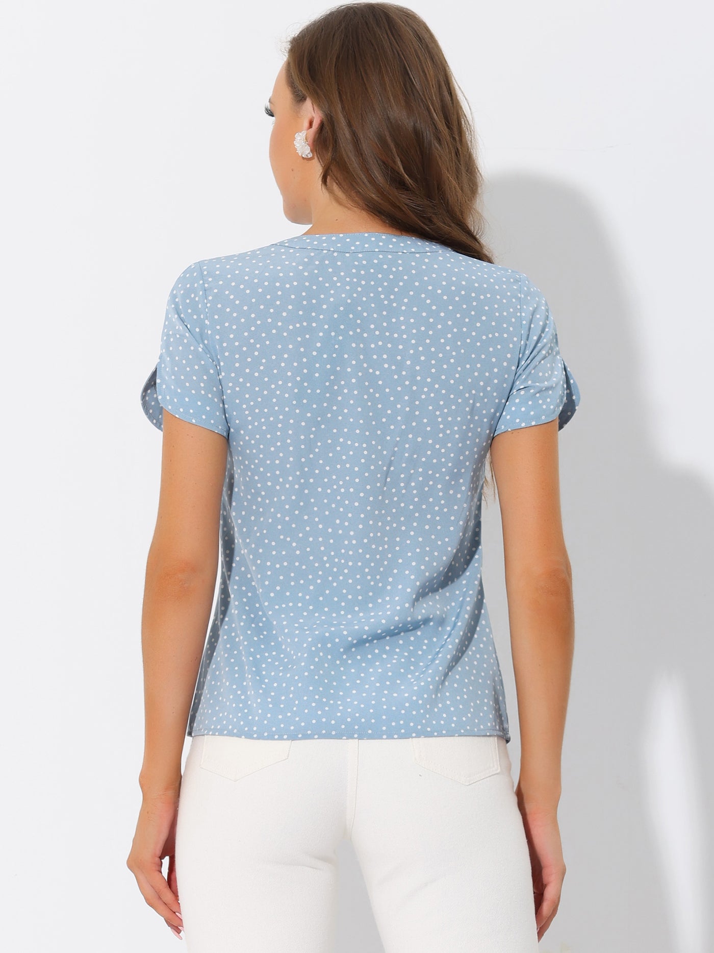 Allegra K Polka Dots Print V Neck Short Sleeve Elegant Work Office Tops