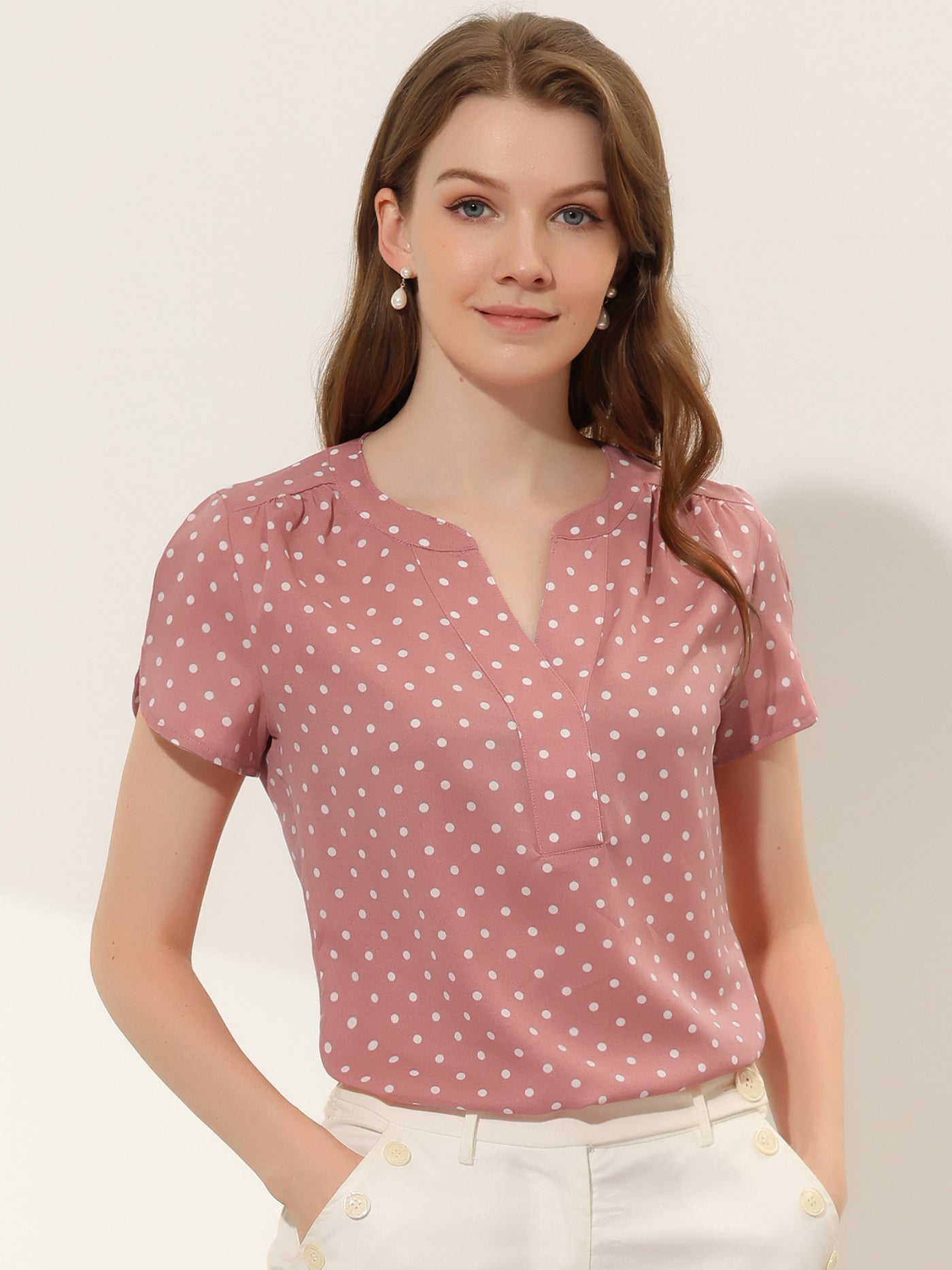 Allegra K Polka Dots Print V Neck Short Sleeve Elegant Work Office Tops