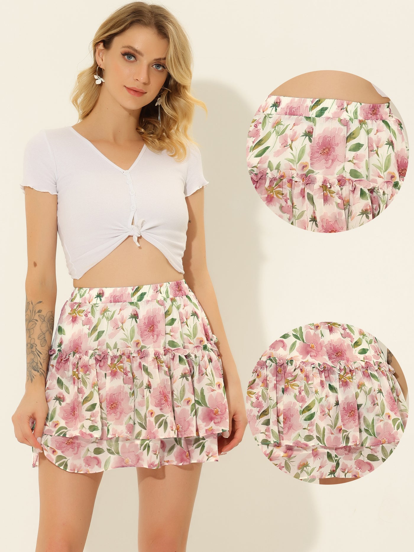 Allegra K Floral Tiered Ruffle Cute Summer Flowy Chiffon Mini Skirt