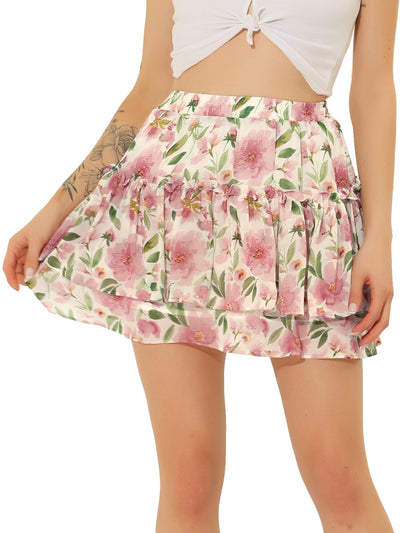 Floral Tiered Ruffle Cute Summer Flowy Chiffon Mini Skirt