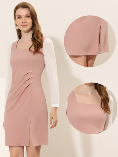 Elegant Ruched Side Contrast Panel Long Sleeve Square Neck Dress