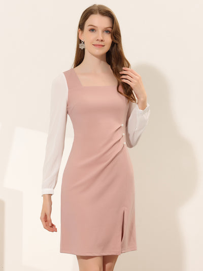 Elegant Ruched Side Contrast Panel Long Sleeve Square Neck Dress