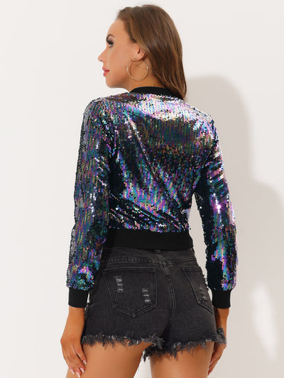 Sequin Long Sleeve Zipper Up Collarless Glitter Bomber Jacket