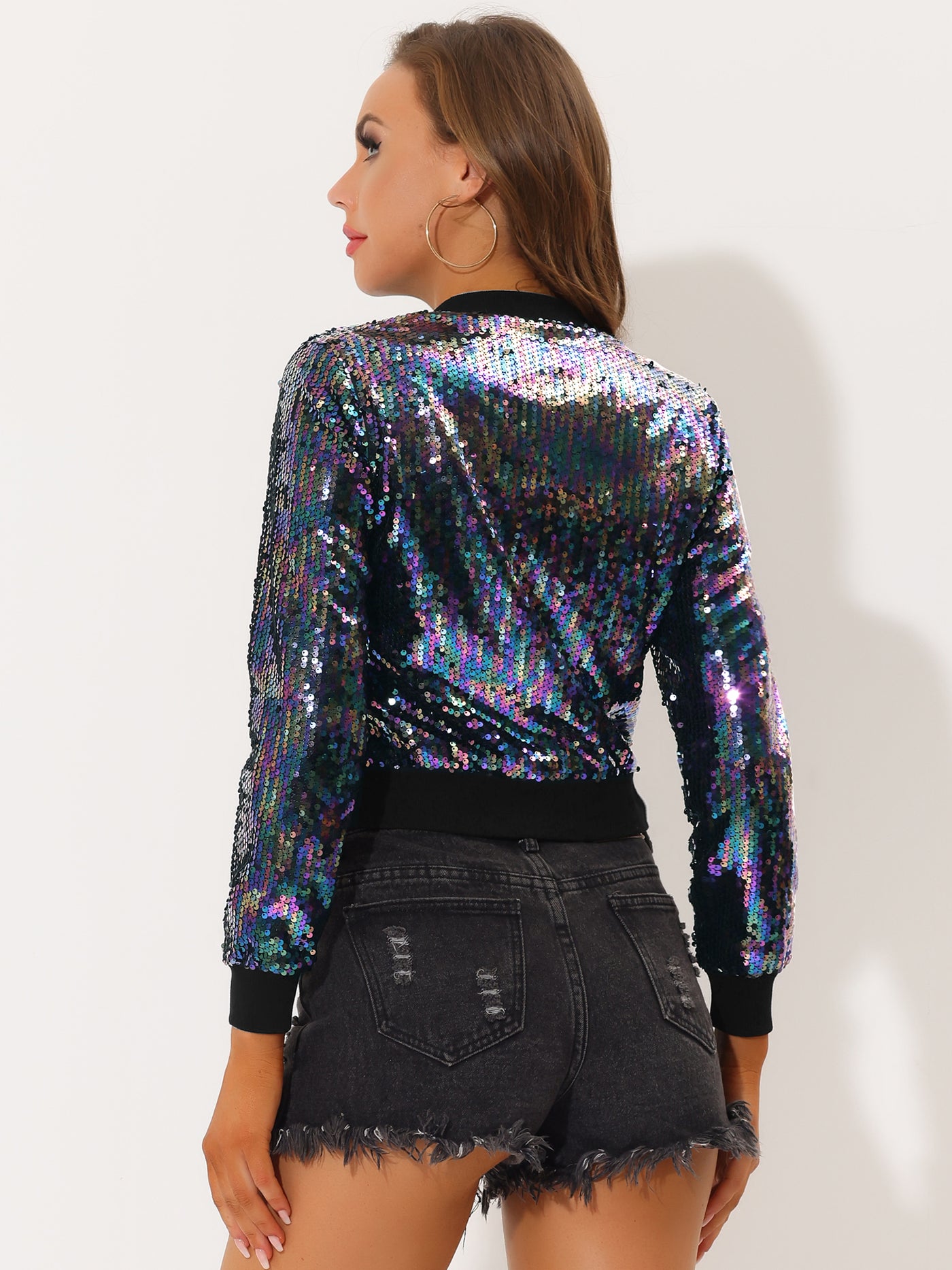 Allegra K Sequin Long Sleeve Zipper Up Collarless Glitter Bomber Jacket