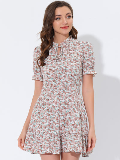 Summer Chiffon Tie Neck Puff Short Sleeve Floral Ruffle Smock Dress