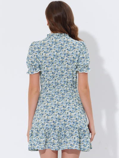 Summer Chiffon Tie Neck Puff Short Sleeve Floral Ruffle Smock Dress